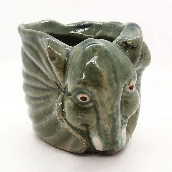 Vintage Terracotta Elephant Planter Signed Boho Jungle Green Glazed Succulent - Picture 1 of 7